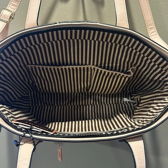 NWT Diophy Handbag Shoulder Bag Purse Cream Green Red Silver Stripes Vegan Tote - Picture 6 of 8